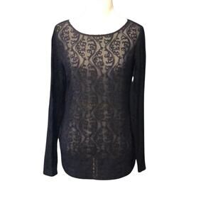 Loft Sheer Top Lace Long Sleeve Navy